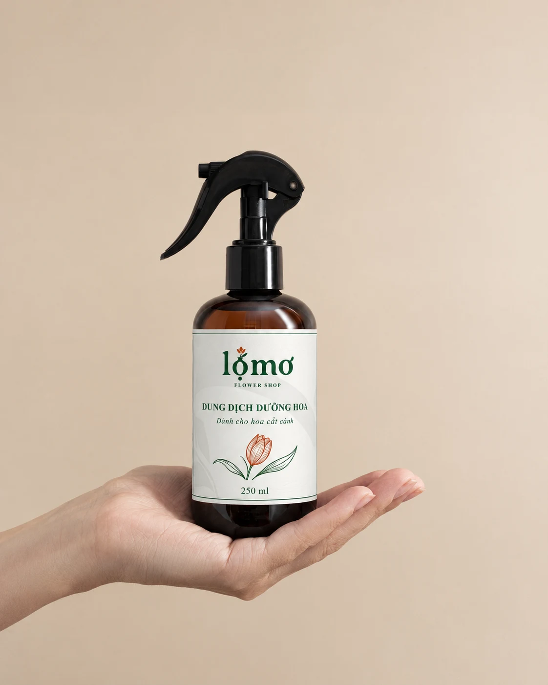 Nhãn chai dung dịch dưỡng hoa (Flower Food Label) — Phối cảnh Mockup
