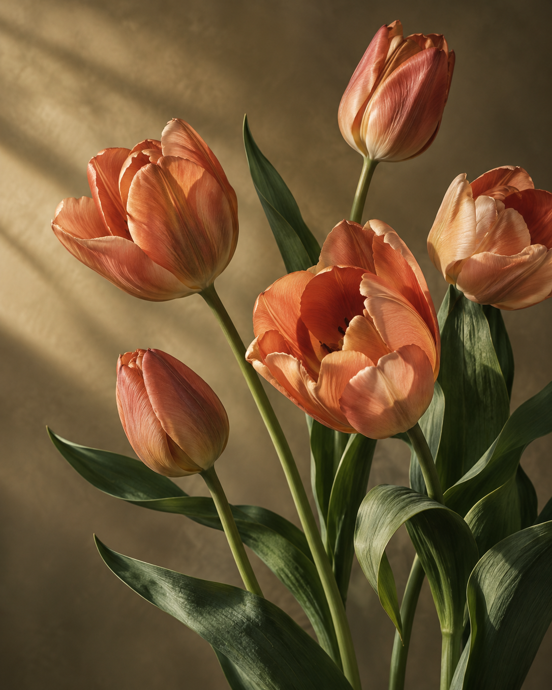 Bó hoa tulip cam đất và bình gốm thủ công trong ánh nắng sớm tại tiệm hoa Lọ Mơ
