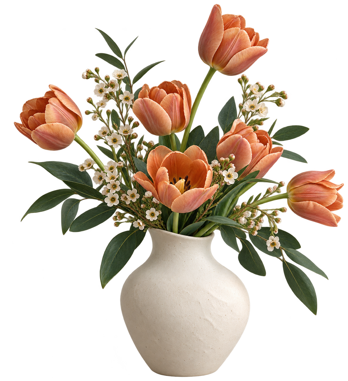 Bình hoa gốm mộc cắm hoa tulip cam đất và hoa trắng nhỏ