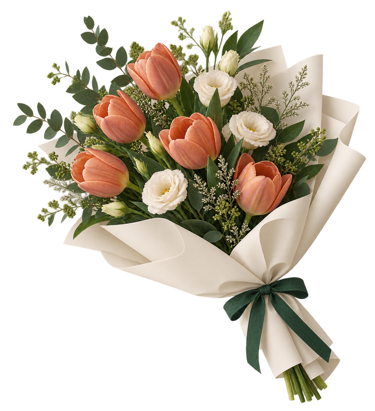 Bó hoa tulip cam đất gói giấy mỹ thuật kem buộc nơ xanh rừng