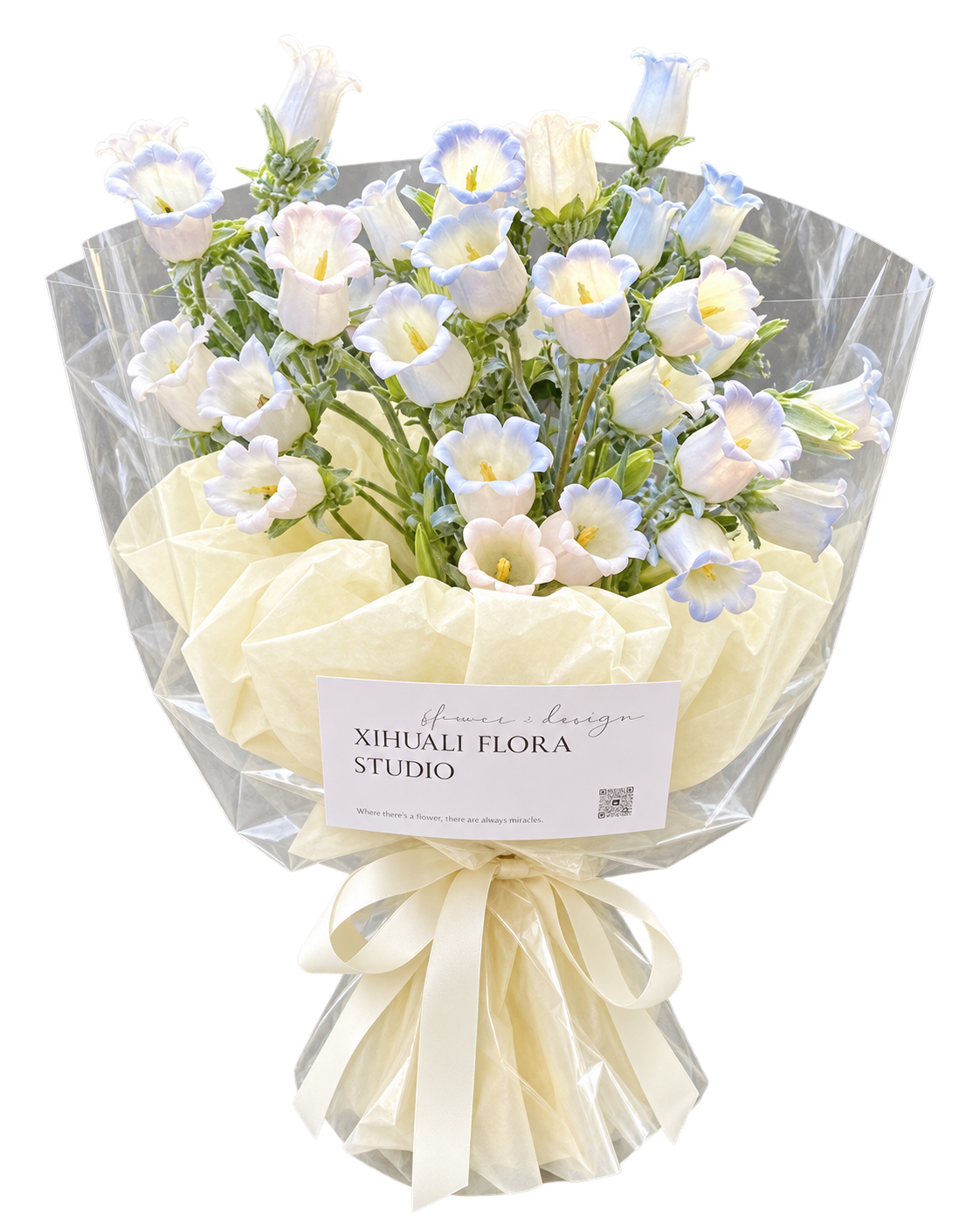Bó hoa chuông trắng phớt xanh lam gói giấy lụa kem bơ thắt nơ ngà