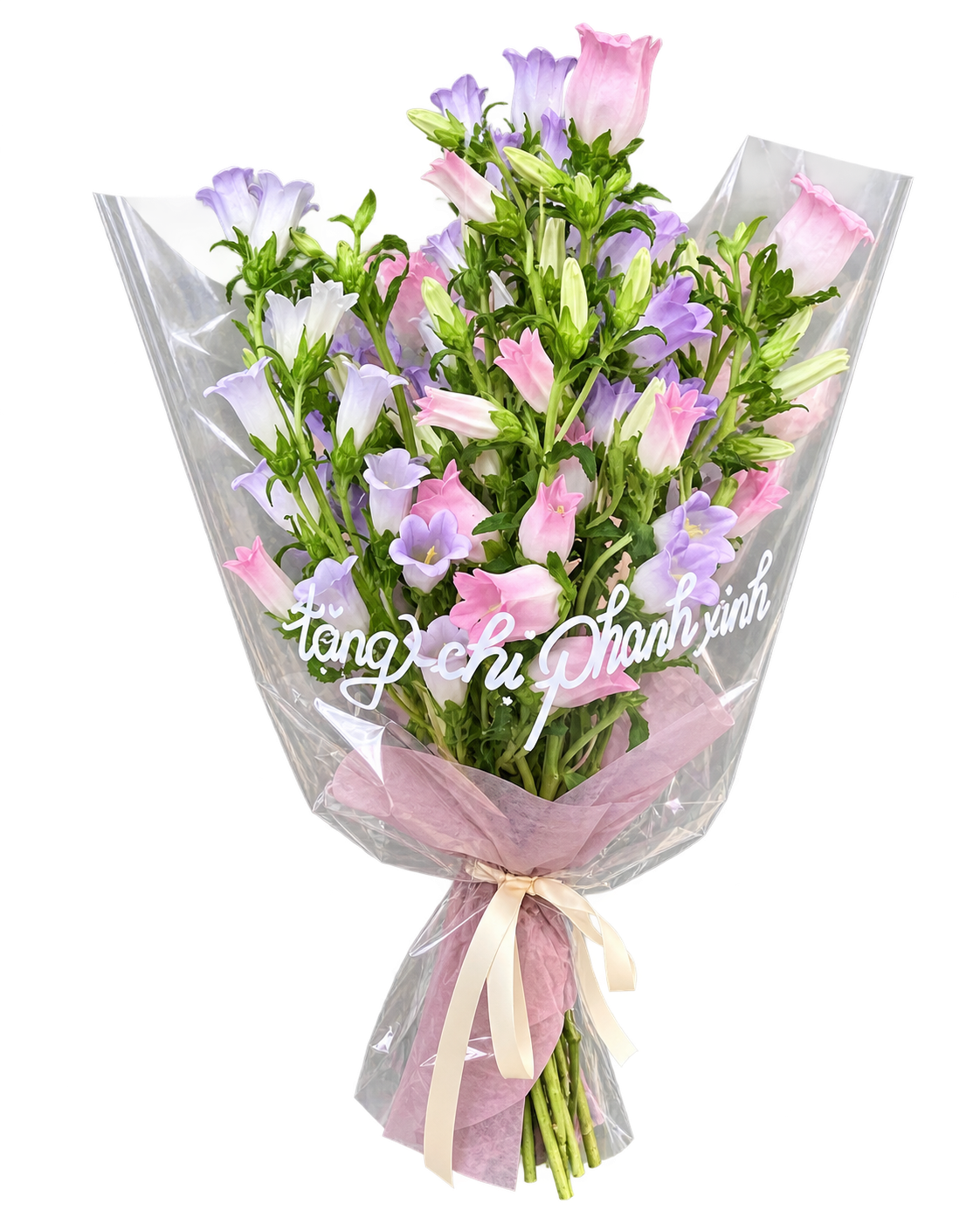 Bó hoa chuông pastel hồng phấn và tím sương gói giấy hồng đất