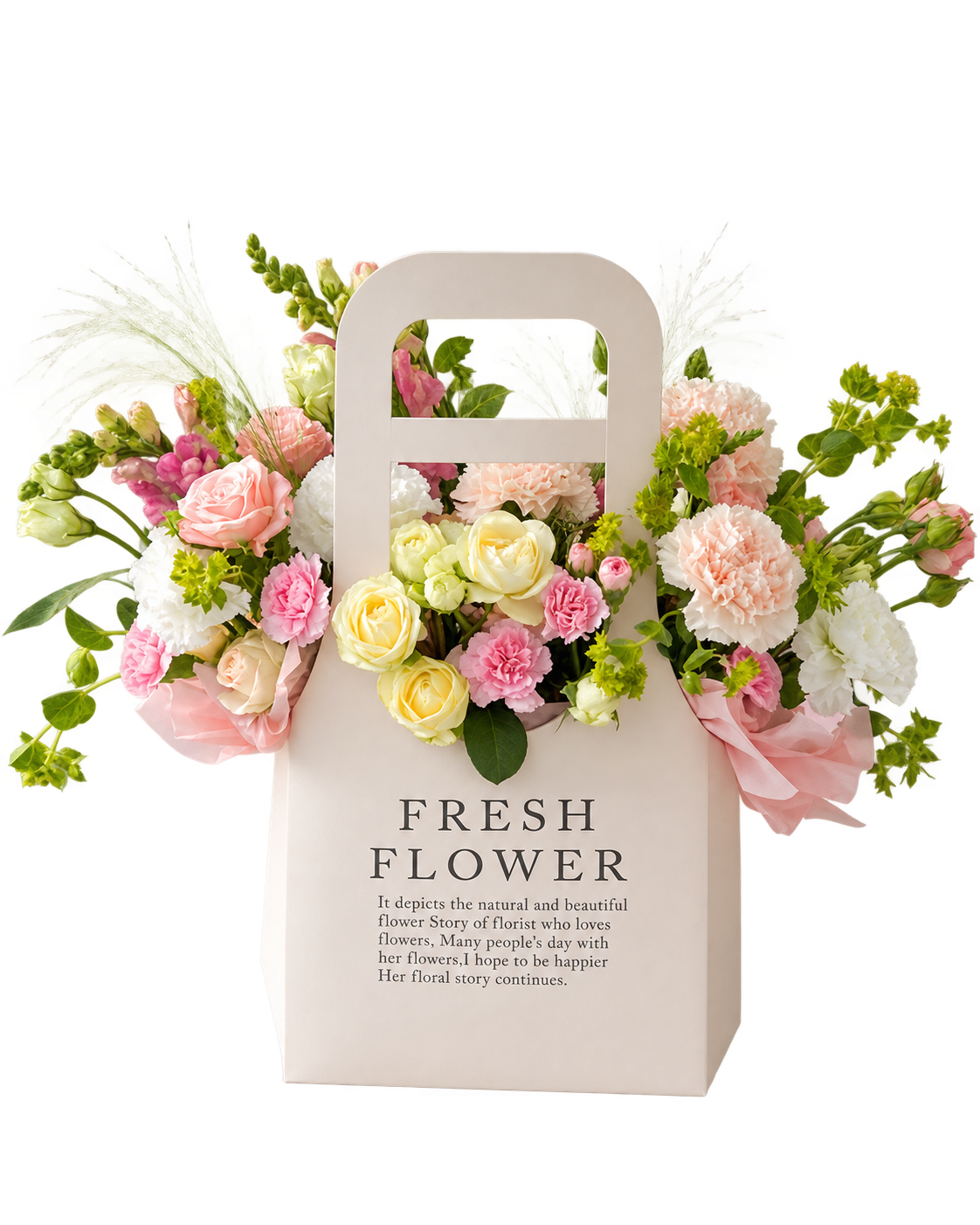 Túi hoa giấy kem Fresh Flower cắm hoa hồng kem bơ và cẩm chướng hồng pastel