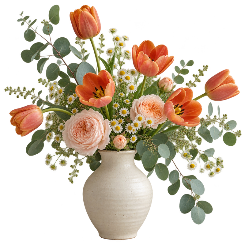 Tác phẩm hoa tulip cam đất cắm bình gốm mộc tại Tiệm hoa Lọ Mơ